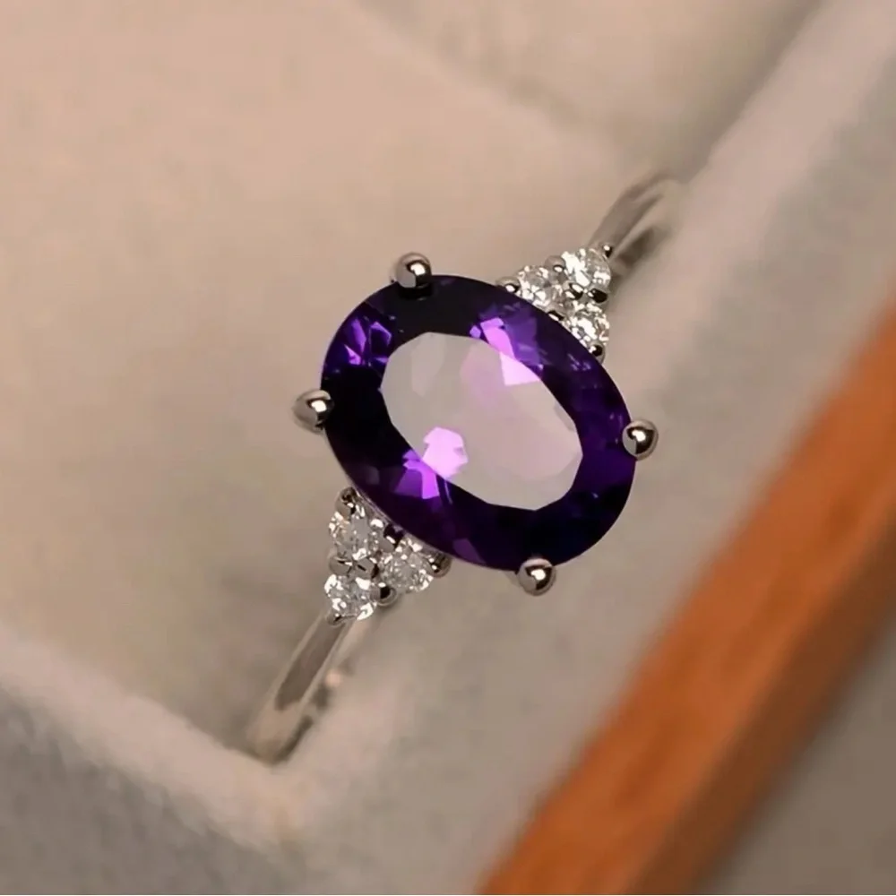 New Oval Amethyst Color Rhinestone Sivertone Ring Size 8